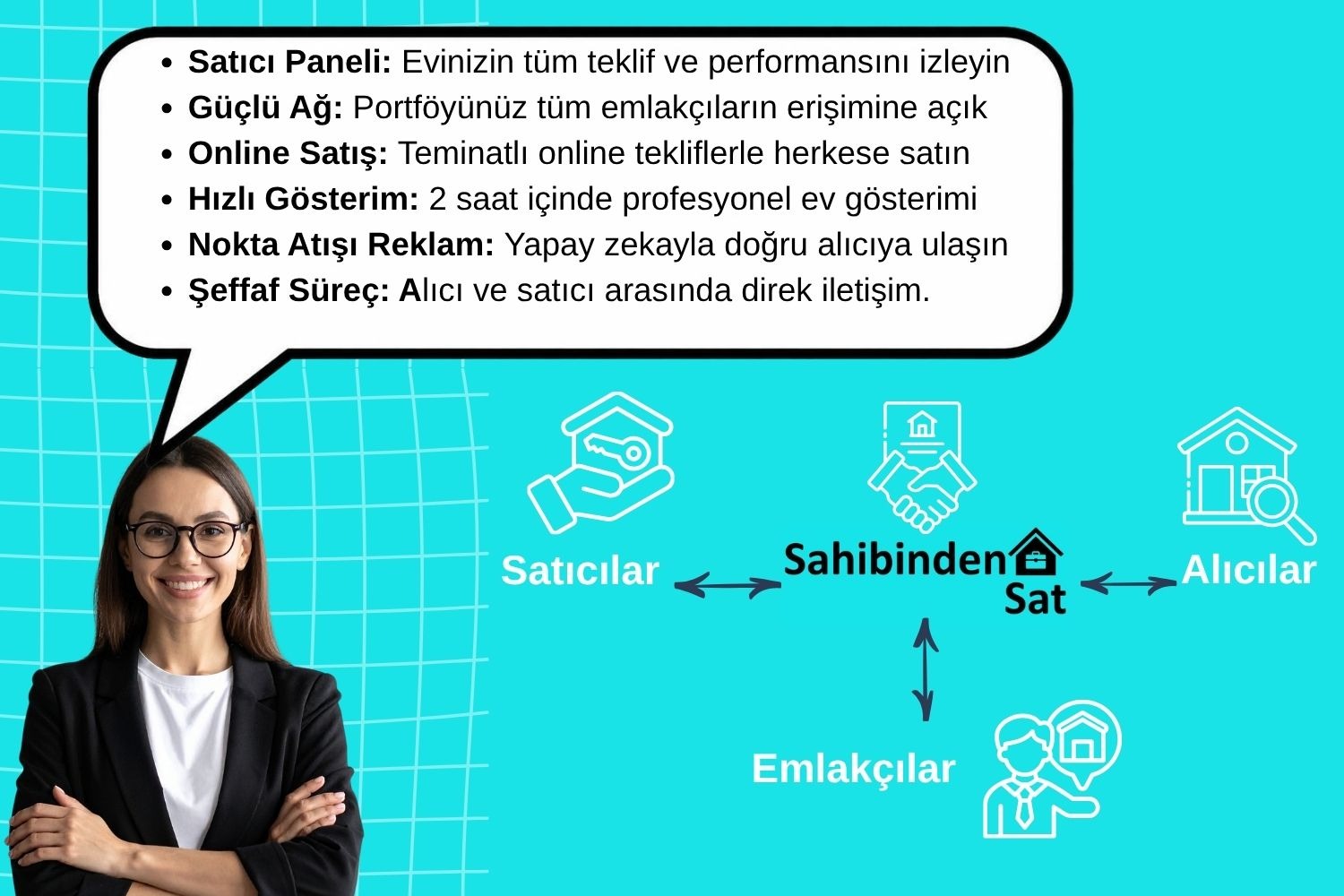 SahibindenSat avantajları: satıcı paneliyle tüm teklif ve performans takibi, portföyünüzün tüm emlakçıların erişimine açık olması, teminatlı online teklifler, iki saat içinde profesyonel ev gösterimi, yapay zekâ destekli hedefli reklam ve alıcı ile satıcı arasında şeffaf, doğrudan iletişim.
